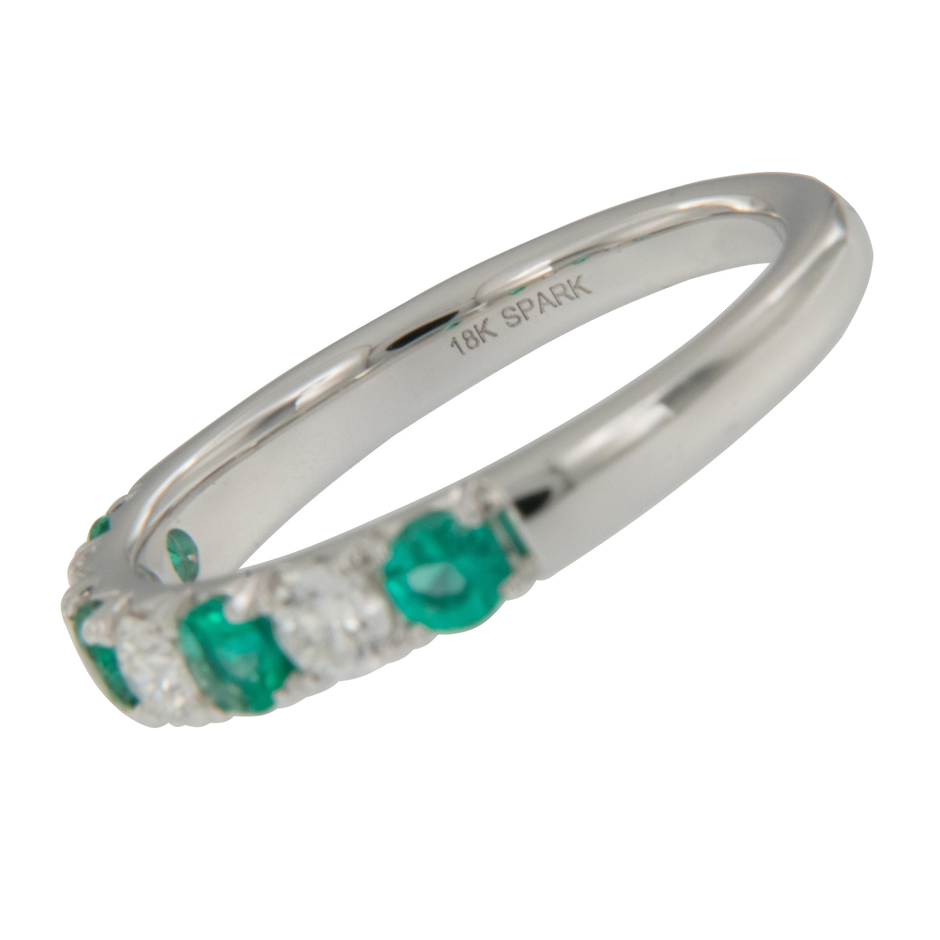 Contemporary 18 Karat White Gold Emerald & Diamond Stackable Band Ring by Spark Creations
