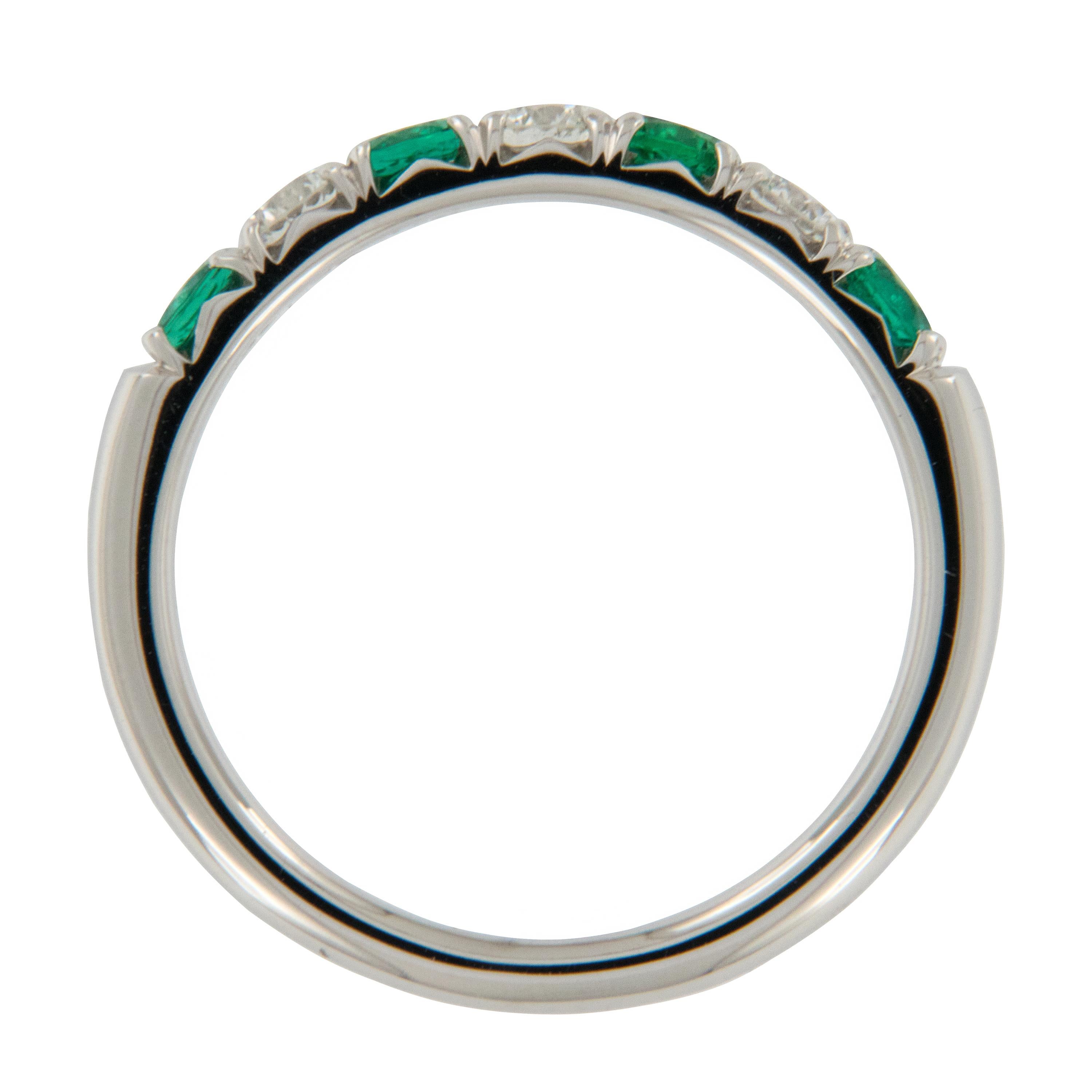Round Cut 18 Karat White Gold Emerald & Diamond Stackable Band Ring by Spark Creations