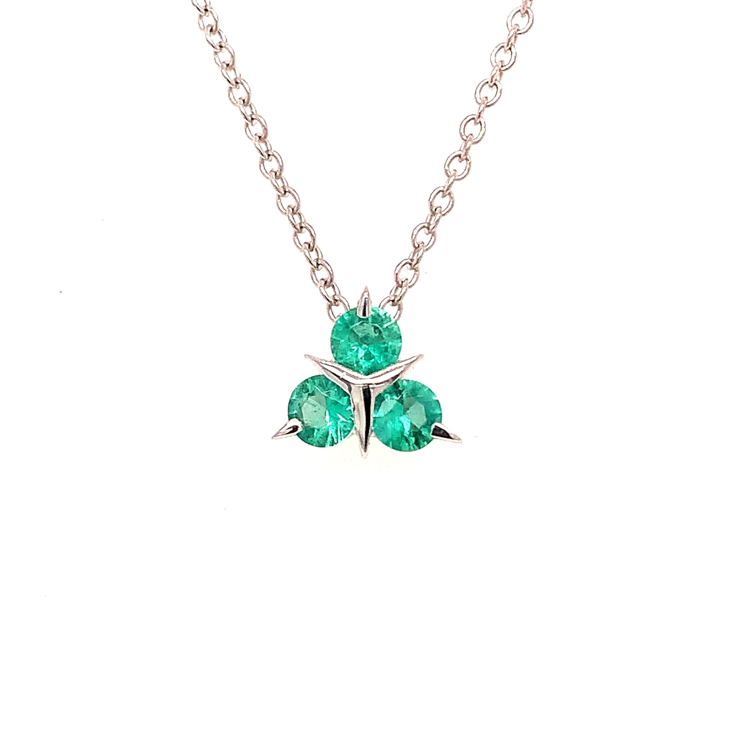 Garavelli pendant with chain in  very unique and pretty design, in white gold 18 kt with three perfect round emeralds to a total carat weight of 0.40
 Available also in diamonds, brown diamonds, black diamonds, sapphires, rubies. Matching earrings