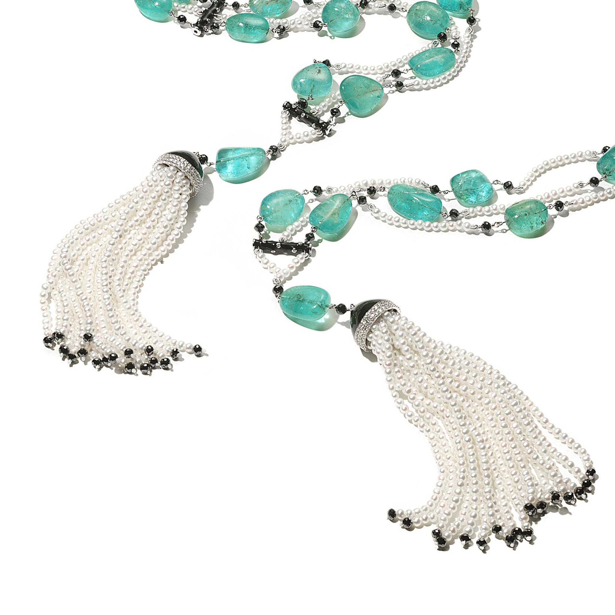 18K White Gold Coomi X Muzo River Dance Lariat Necklace with 288.97cts emerald, 29.55cts diamond and white pearl
