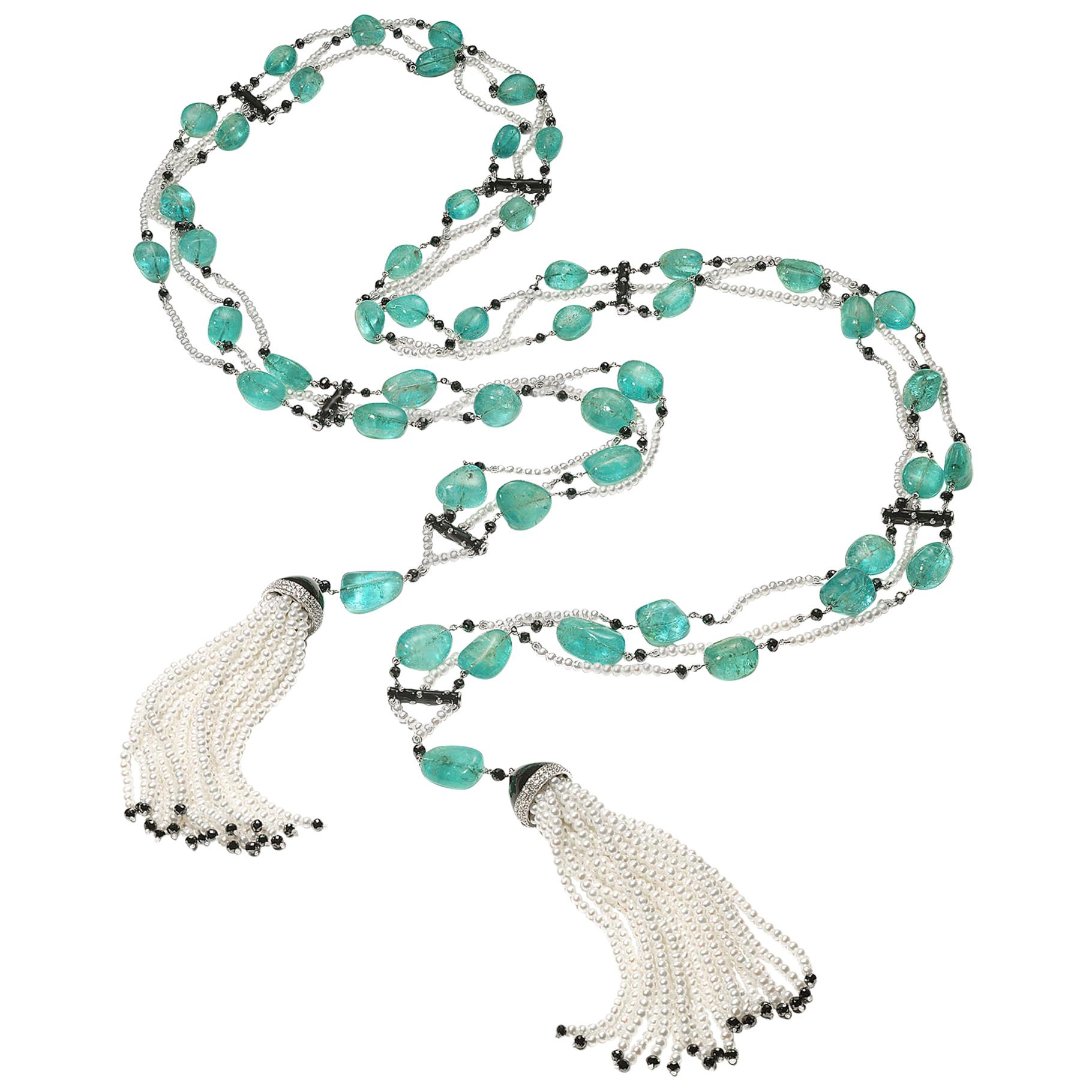 18 Karat White Gold Emerald, Pearl and Diamond Lariat Necklace