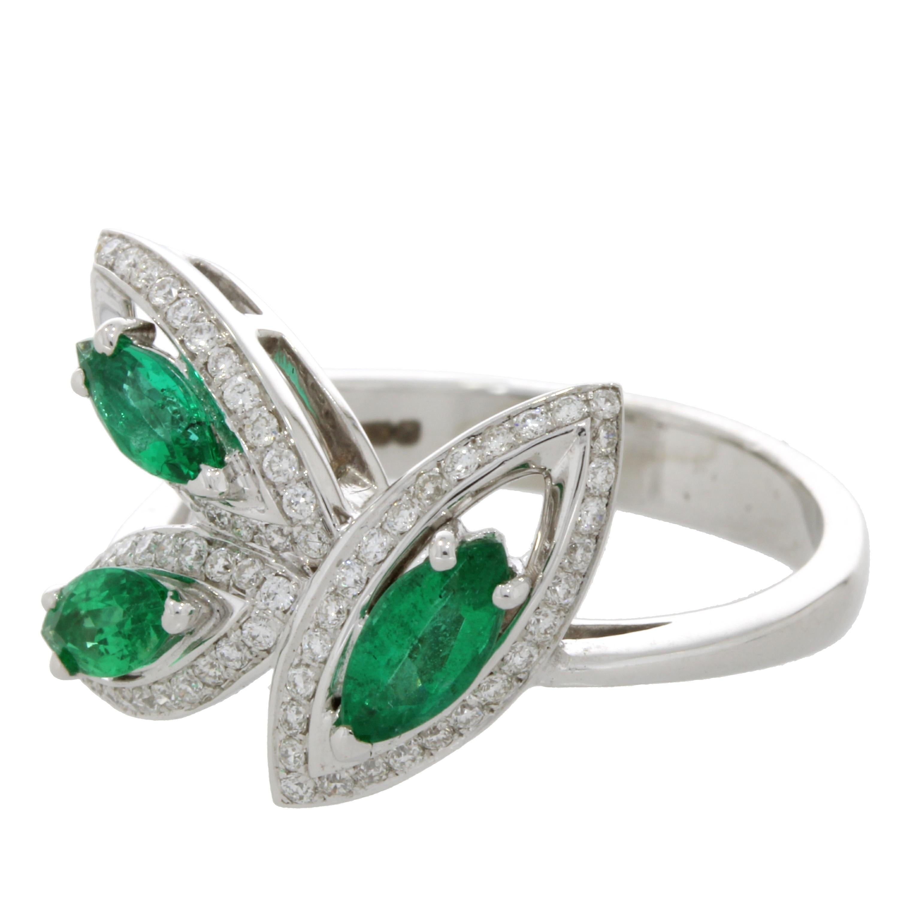 Marquise Cut 18 Karat White Gold Emerald Petali Flora Ring by Niquesa For Sale