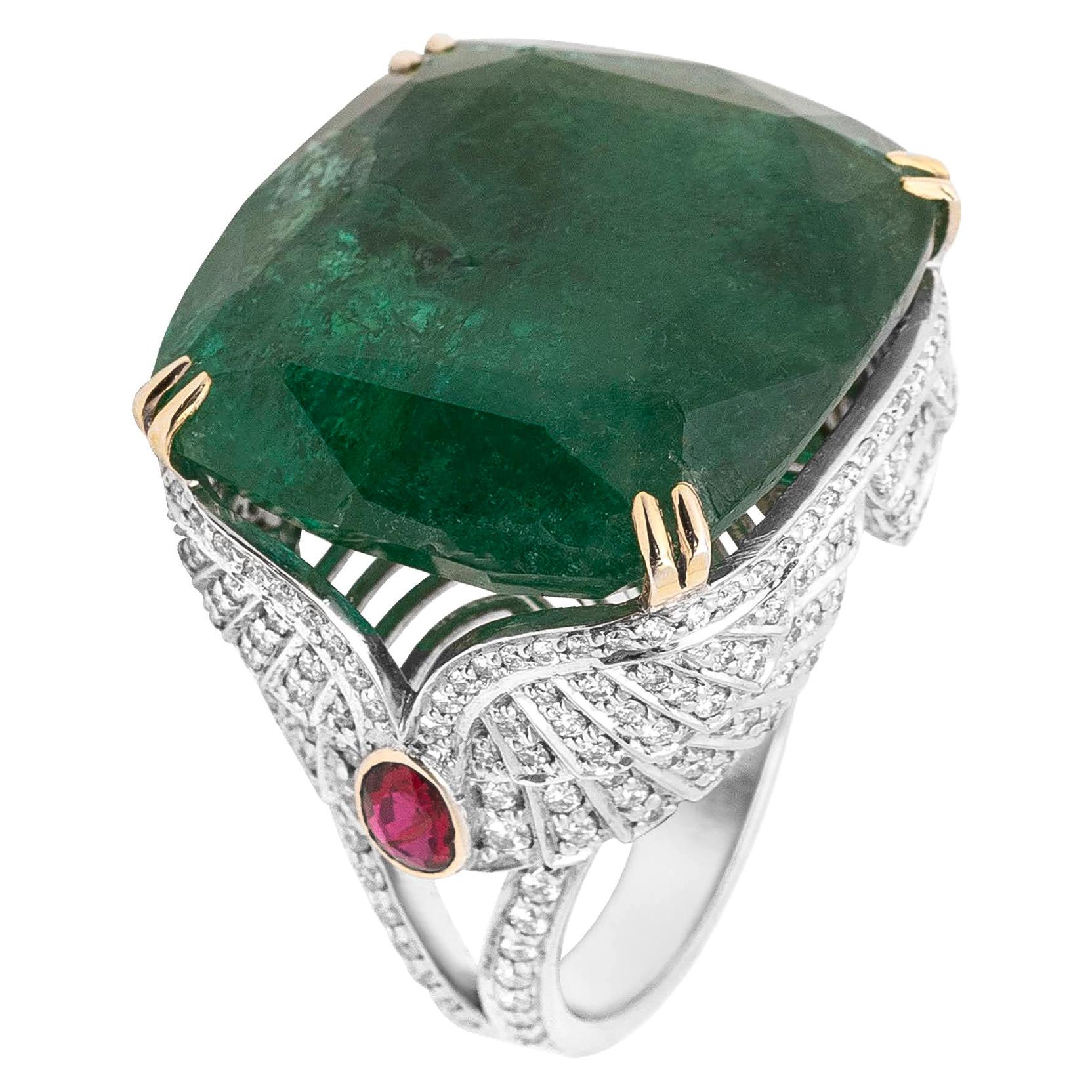 18 Karat White Gold Emerald Ruby and Diamond Cocktail Ring For Sale