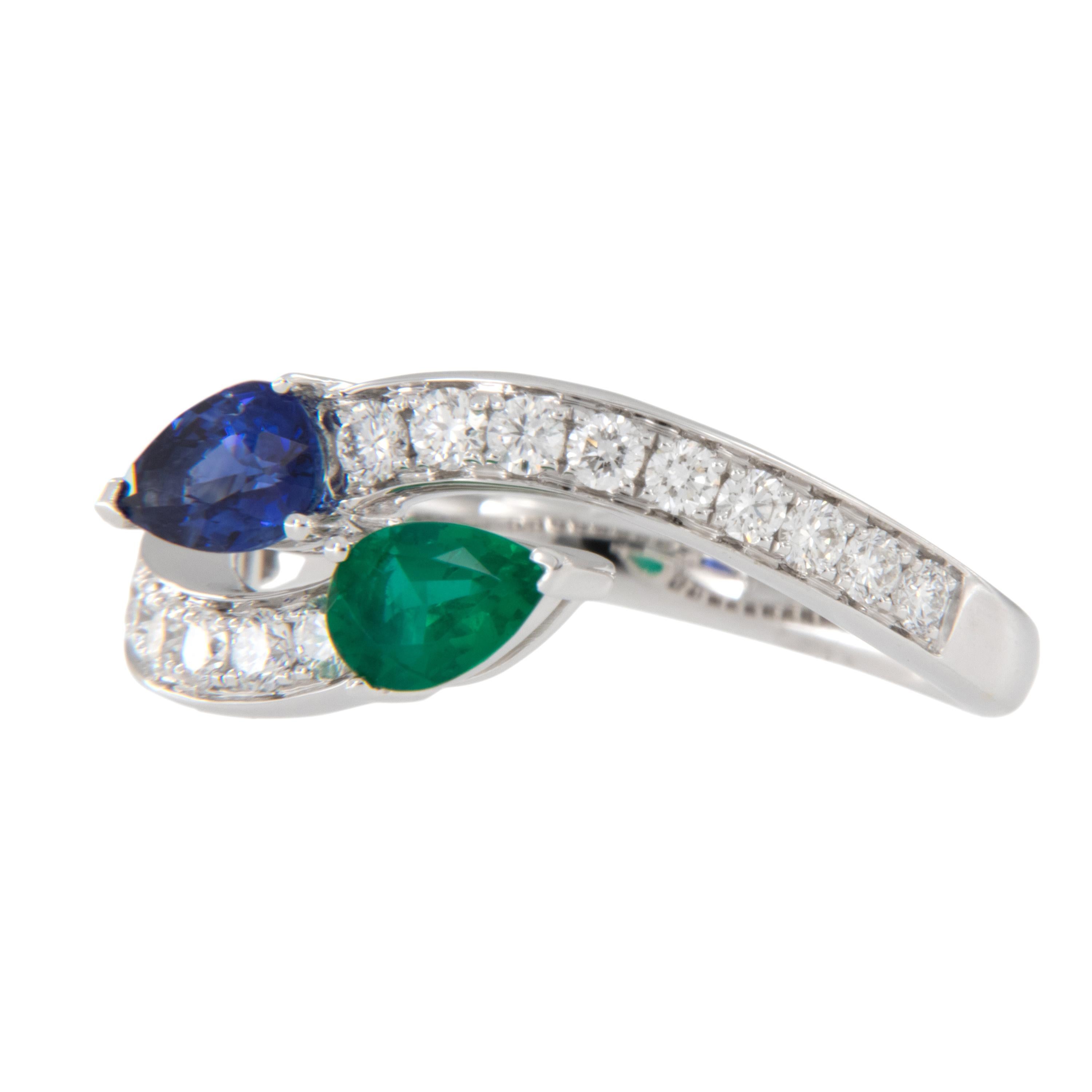 This is the ultimate right hand ring! Bypass rings have been around since the Victorian era. Characterized by bands that overlap and part they are sought after due to their distinctive style representing individuality and fluidity. Blue & green are