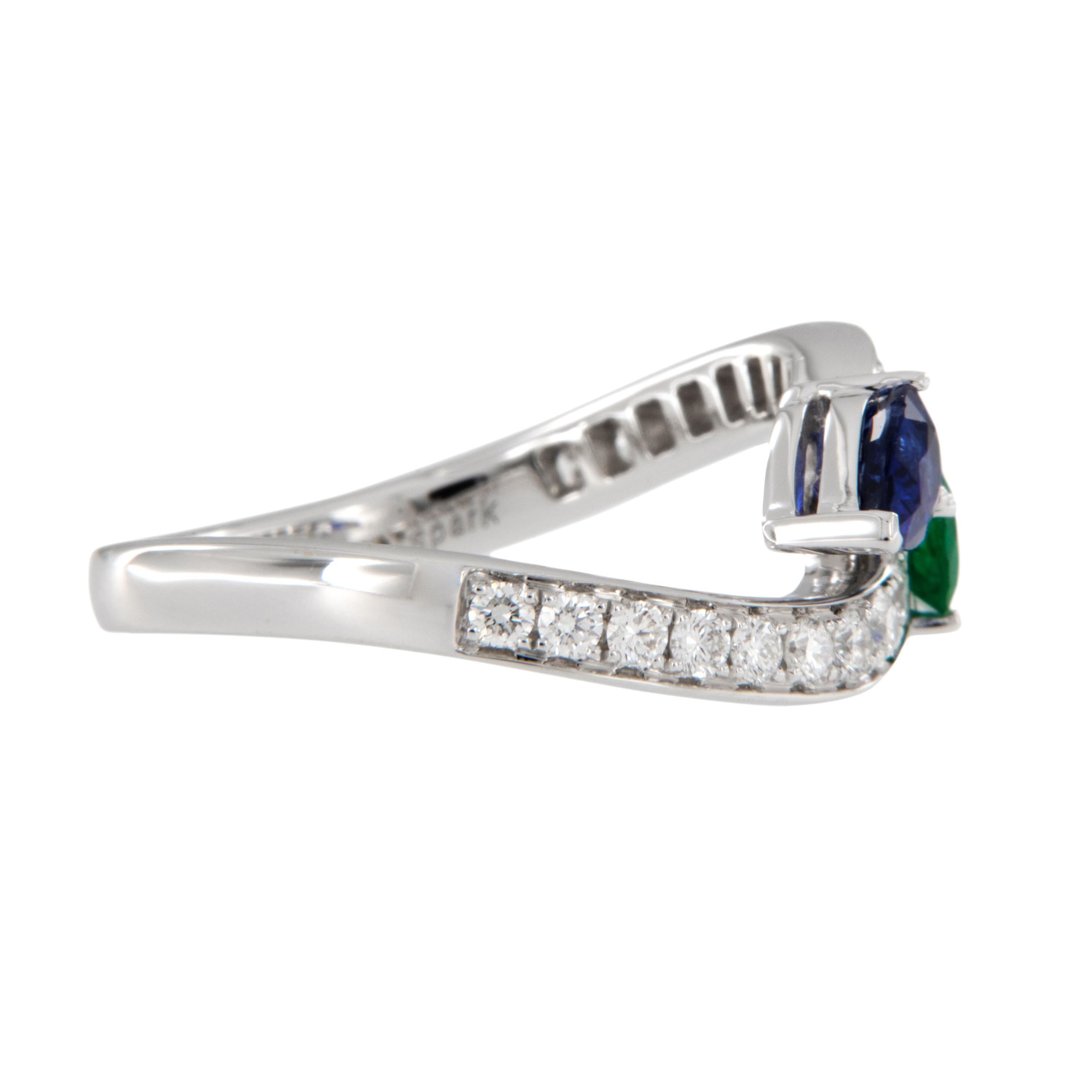 Art Deco 18 Karat White Gold Emerald Sapphire Diamond Bypass Fashion Ring For Sale