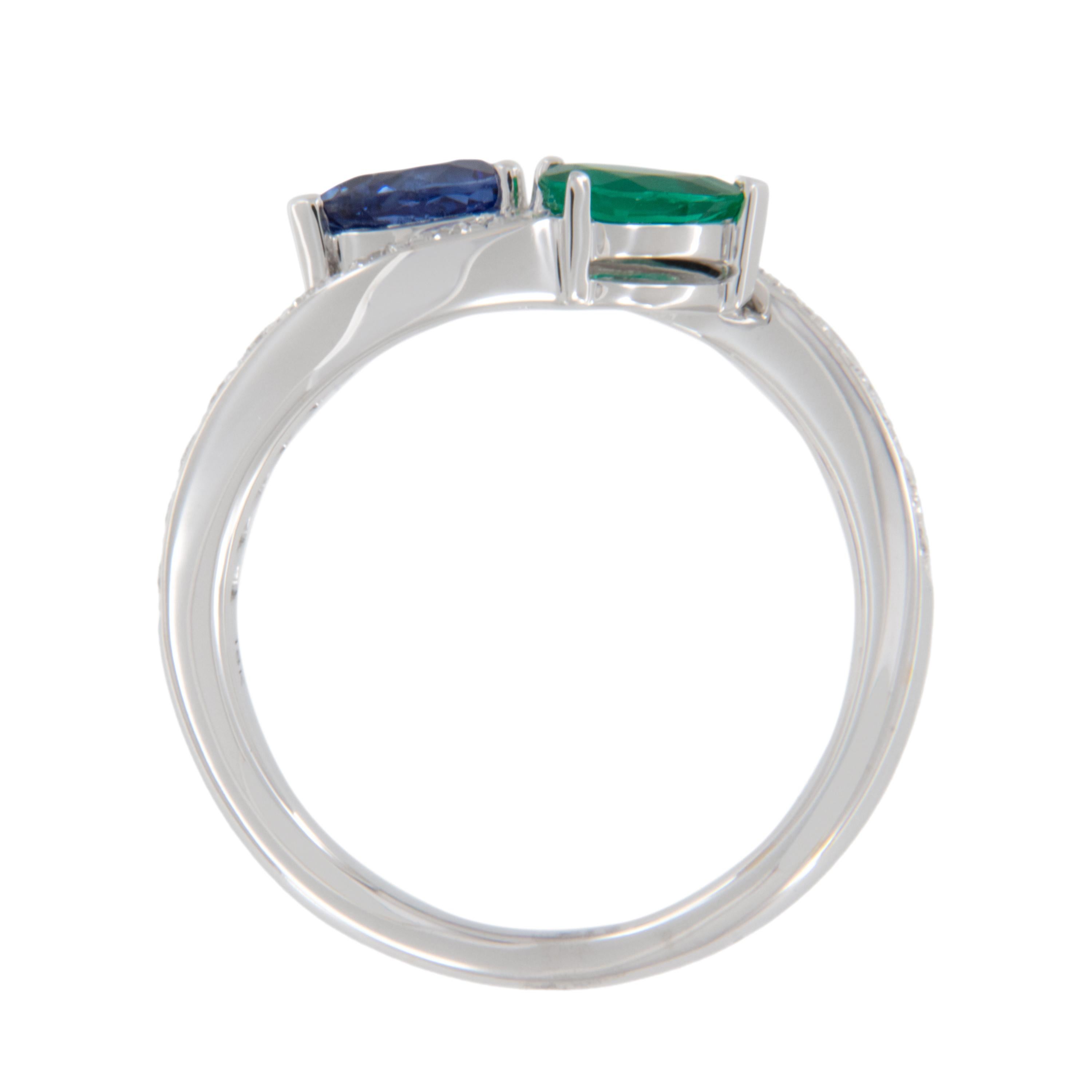 Pear Cut 18 Karat White Gold Emerald Sapphire Diamond Bypass Fashion Ring For Sale