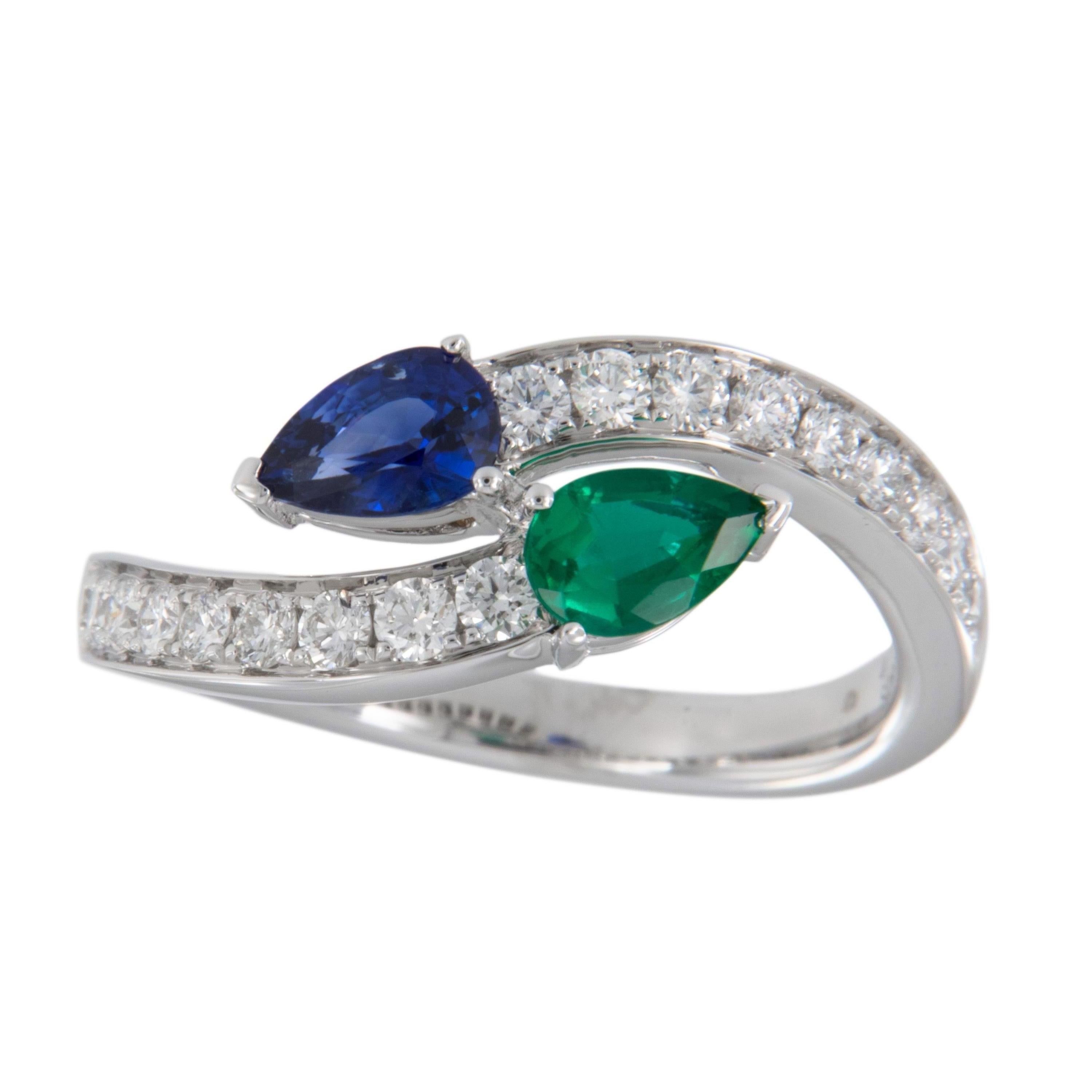 18 Karat White Gold Emerald Sapphire Diamond Bypass Fashion Ring For Sale