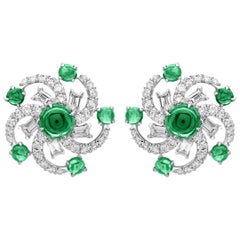 18 Karat White Gold Emerald, Tsavorite and Diamond Stud Earrings 18 Karat White Gold Emerald, Tsavorite and Diamond Stud Earrings