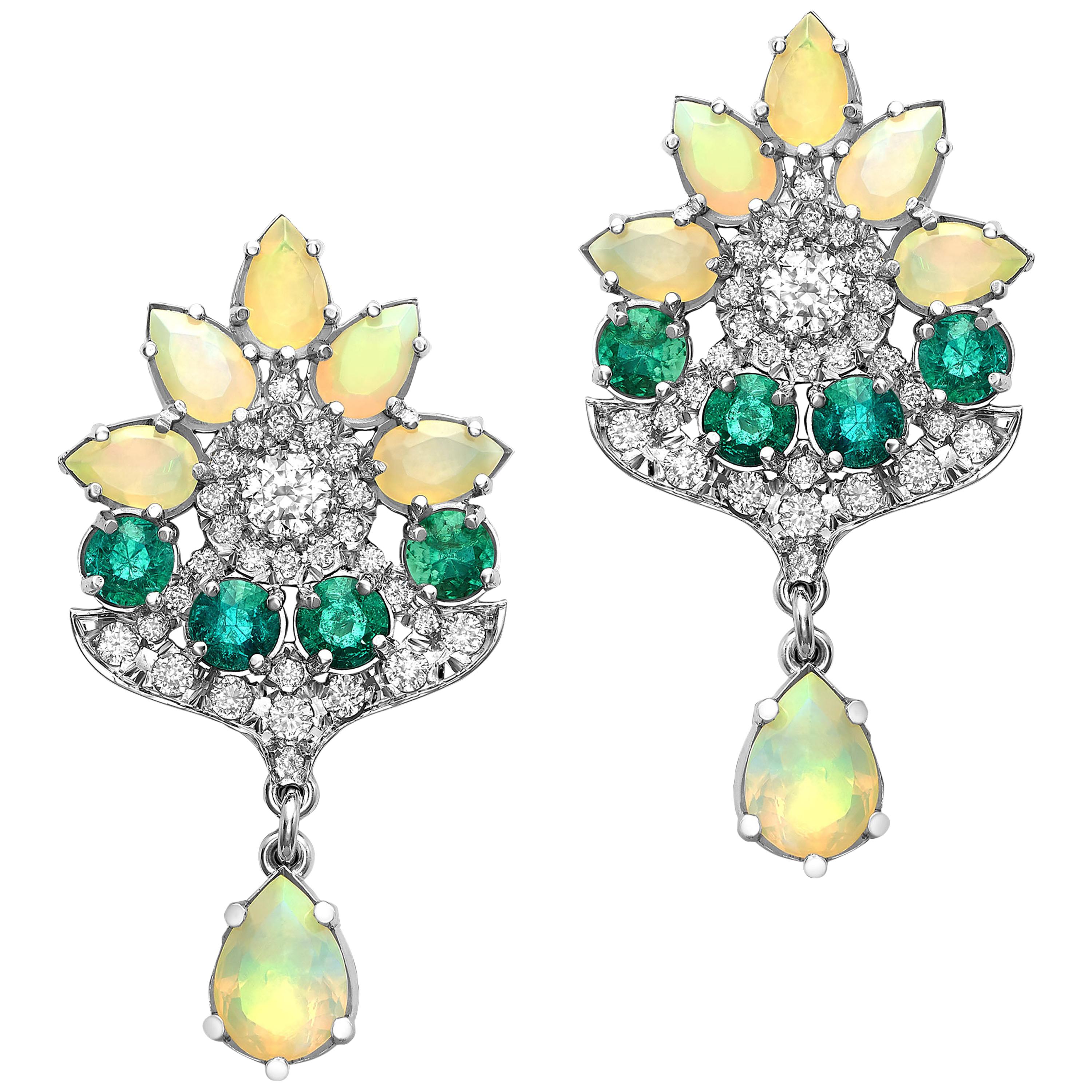 18 Karat White Gold Emeralds Diamonds and Opals Floral Dangling Earrings For Sale