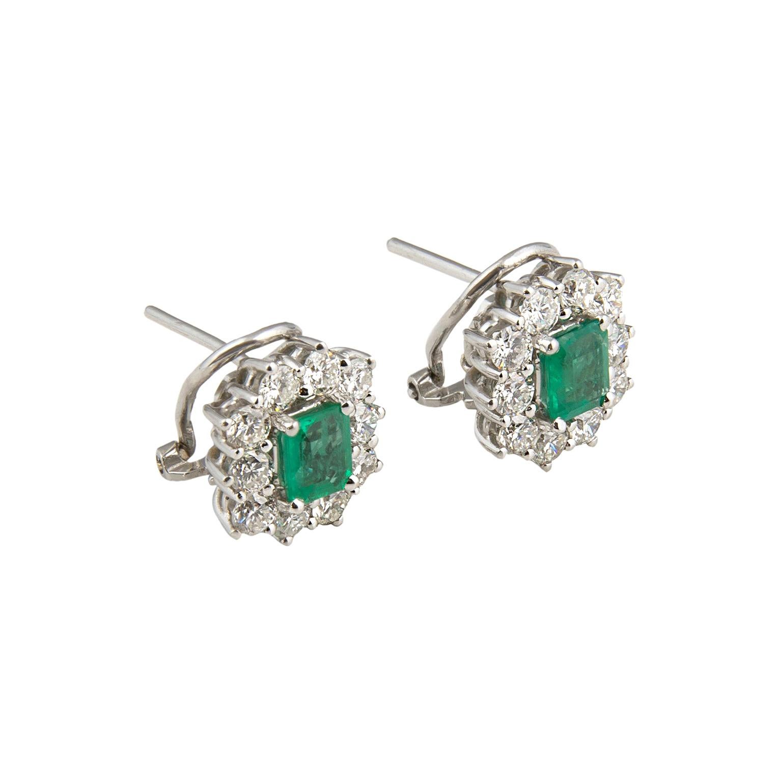 18 Karat White Gold Emeralds Diamonds Earrings For Sale