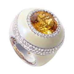 18 Karat White Gold Enamel Citrine and Diamond Ring 18 Karat White Gold Enamel Citrine and Diamond Ring