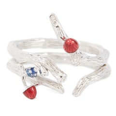 18 Karat White Gold Enamel Mushroom Ring with White Diamond and Blue Sapphire