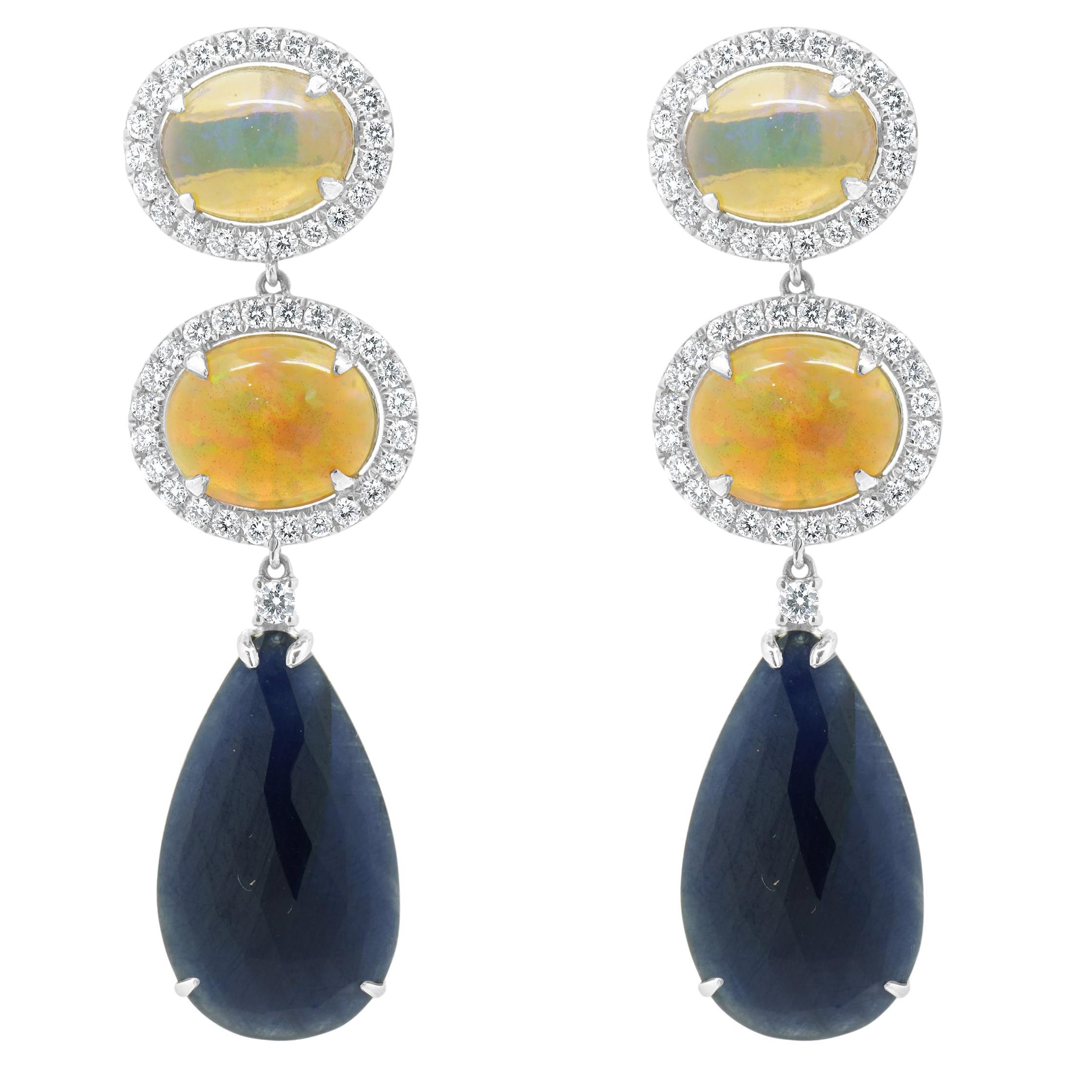 18 Karat Weißgold Äthiopischer Opal, Saphir und Diamant-Tropfen-Ohrringe