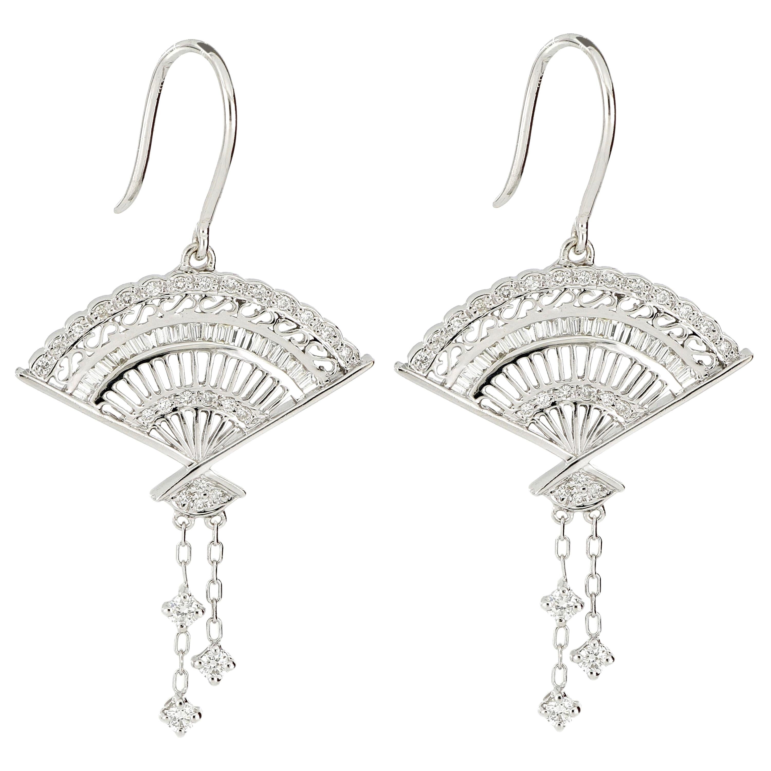 18 Karat White Gold Fan Shape Diamond Earrings For Sale