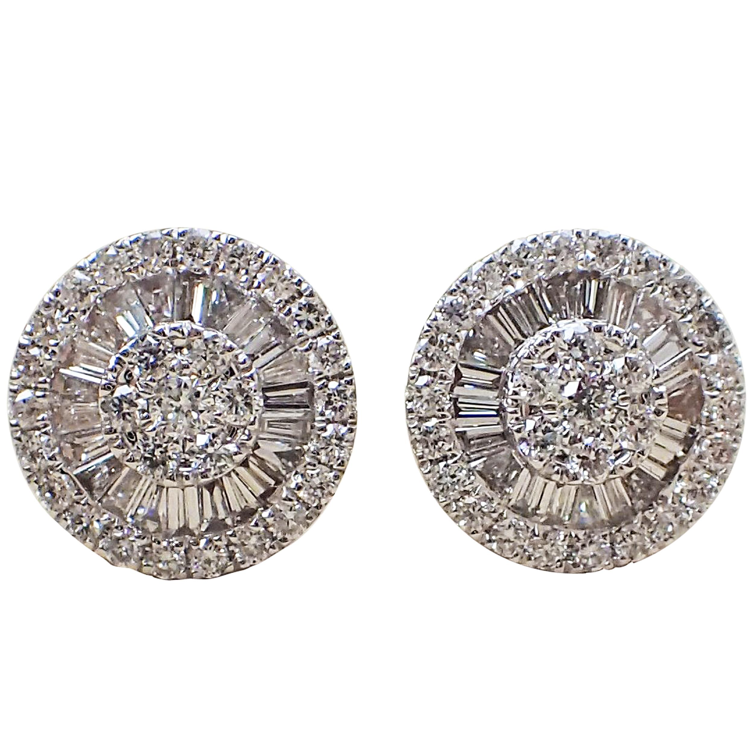 18 Karat White Gold Fan Style Earrings - 0.77 Carat of Baguette & Round Diamond