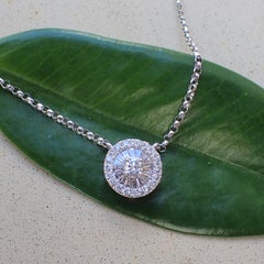 18 Karat White Gold Fan Style Pendant 0.21 Carat Baguette and Round Diamond