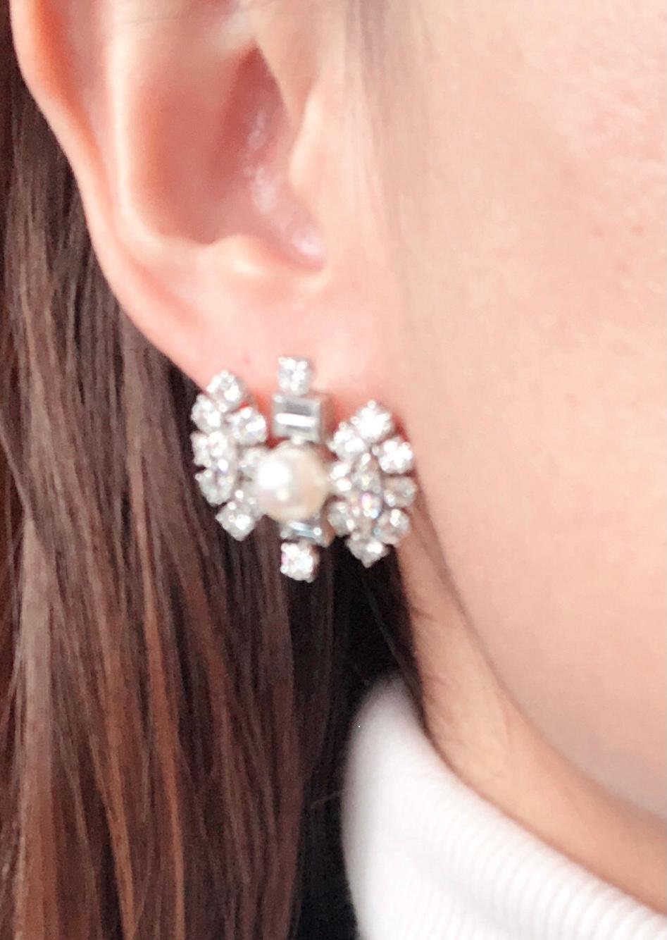Women's or Men's 18 Karat White Gold Fancy Diamond Earrings with Pearl For Sale
