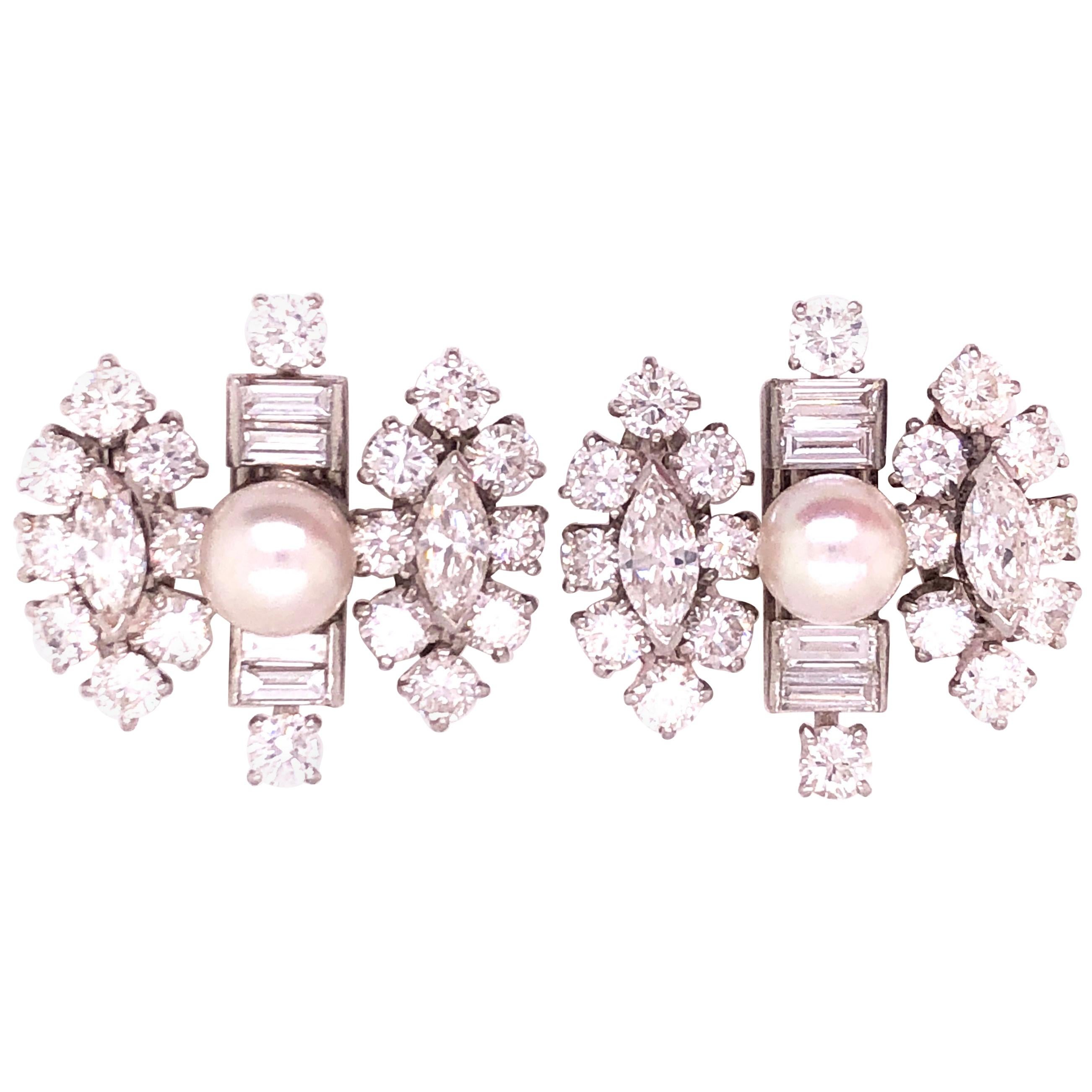 18 Karat White Gold Fancy Diamond Earrings with Pearl For Sale