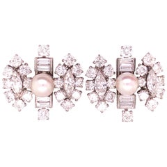 18 Karat White Gold Fancy Diamond Earrings with Pearl