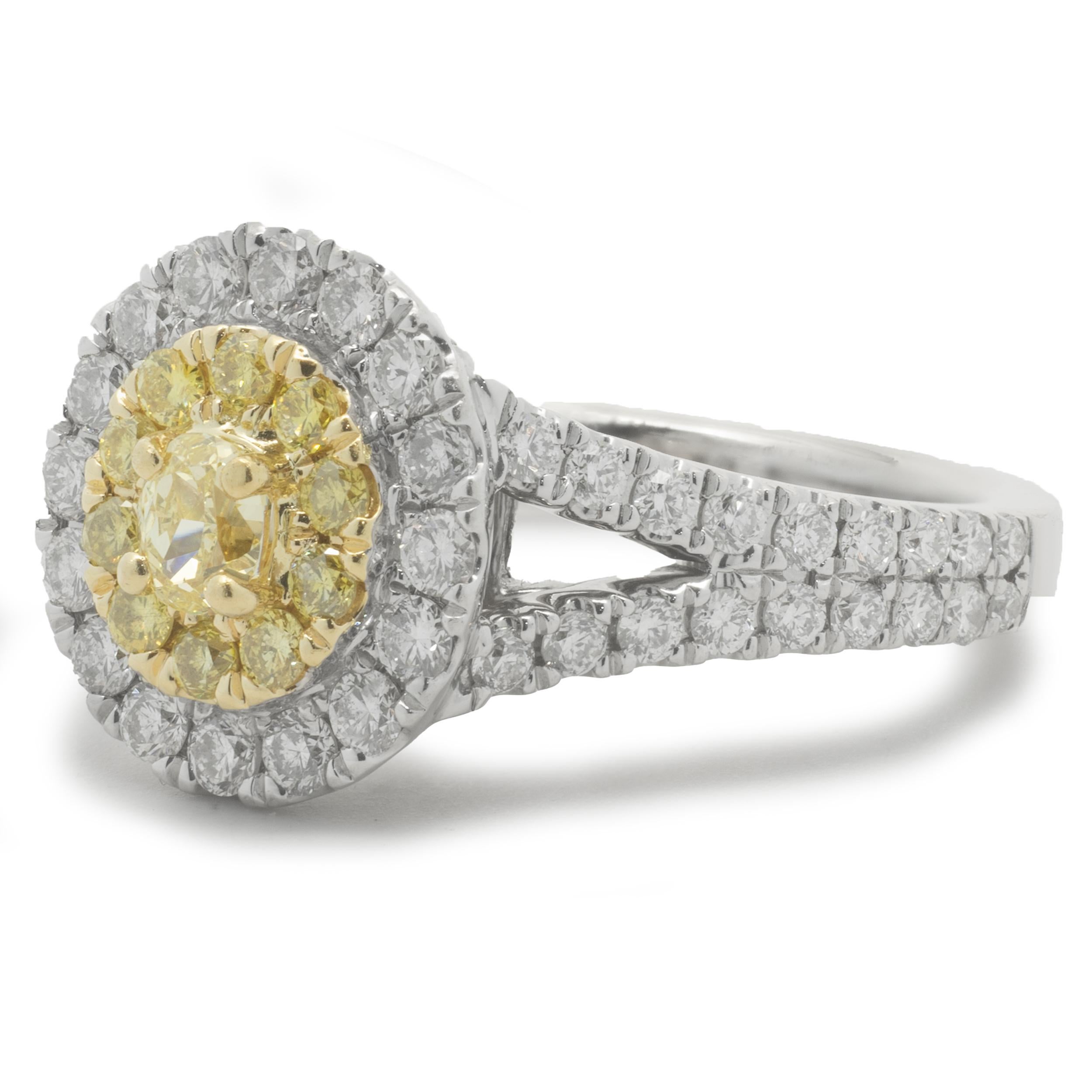 Round Cut 18 Karat White Gold Fancy Yellow and White Diamond Cluster Engagement Ring For Sale