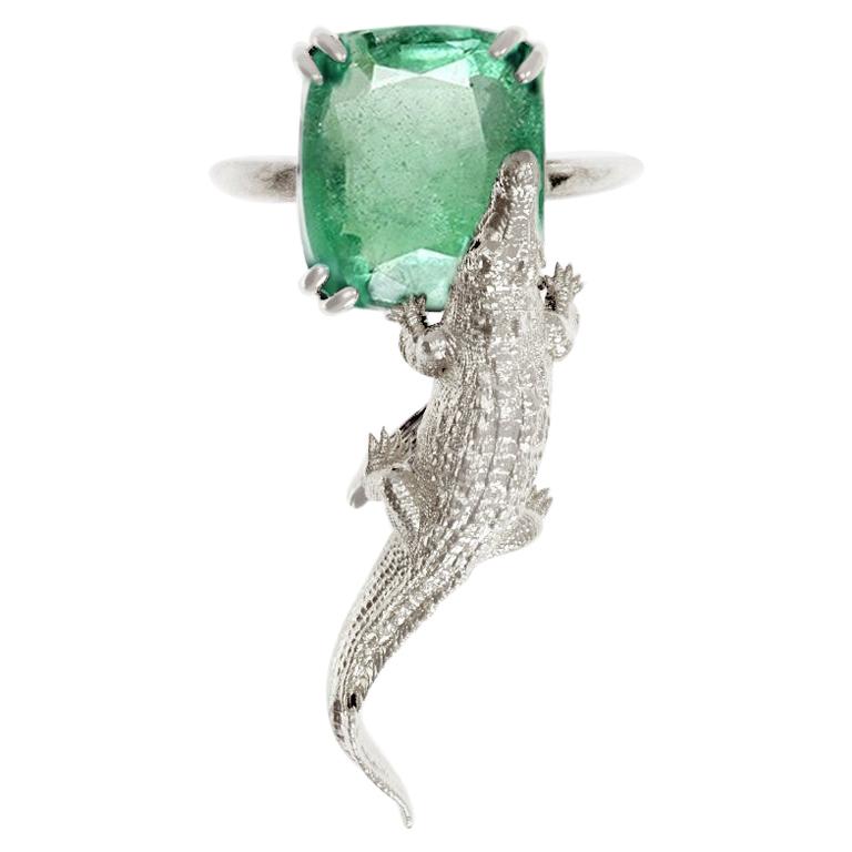 Eighteen Karat White Gold Contemporary Fashion Ring with Three Carats Emerald