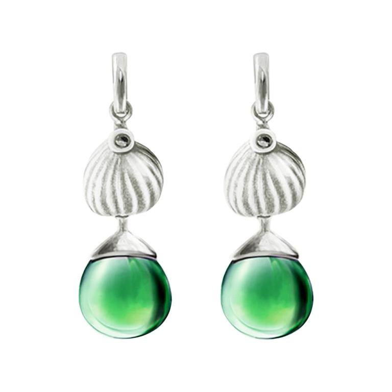 Eighteen Karat White Gold Fig Dangle Earrings with Green Amber For Sale