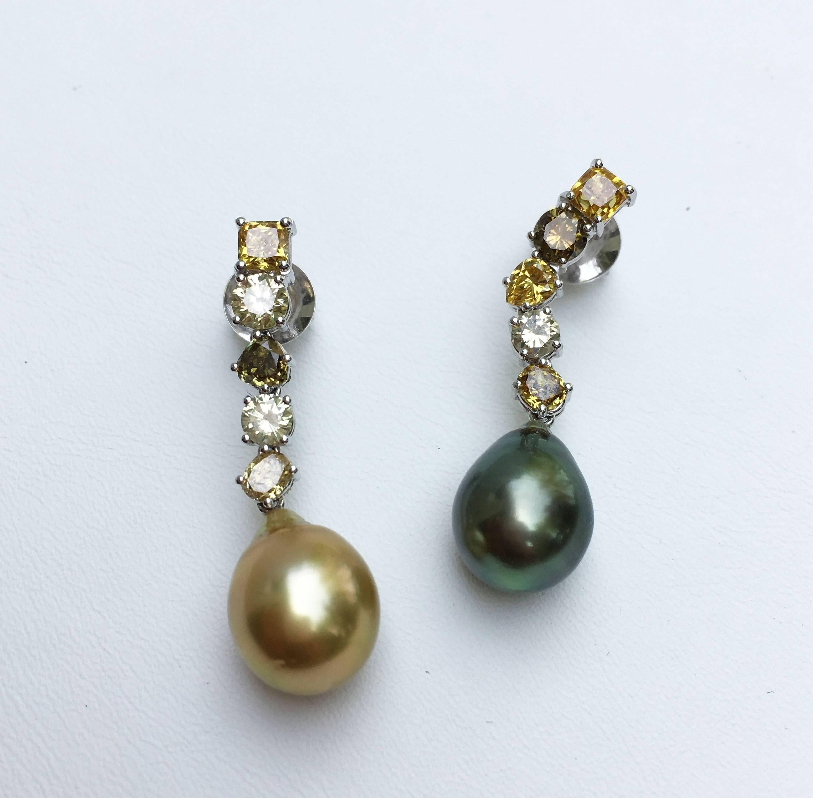 18 Karat White Gold Fiji Cultured Pearl and Multi-Color Diamond Drop Earrings In New Condition For Sale In Wiernsheim, DE