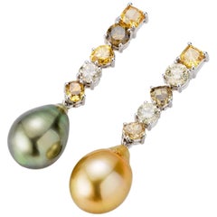 18 Karat White Gold Fiji Cultured Pearl and Multi-Color Diamond Drop Earrings