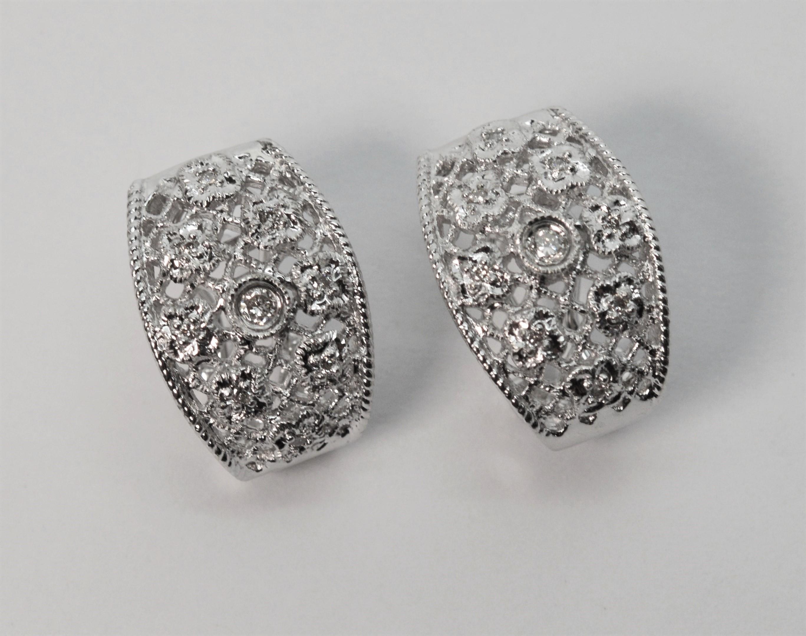 18 Karat White Gold Filigree Diamond Accented Oval Hoop Earrings For Sale 1