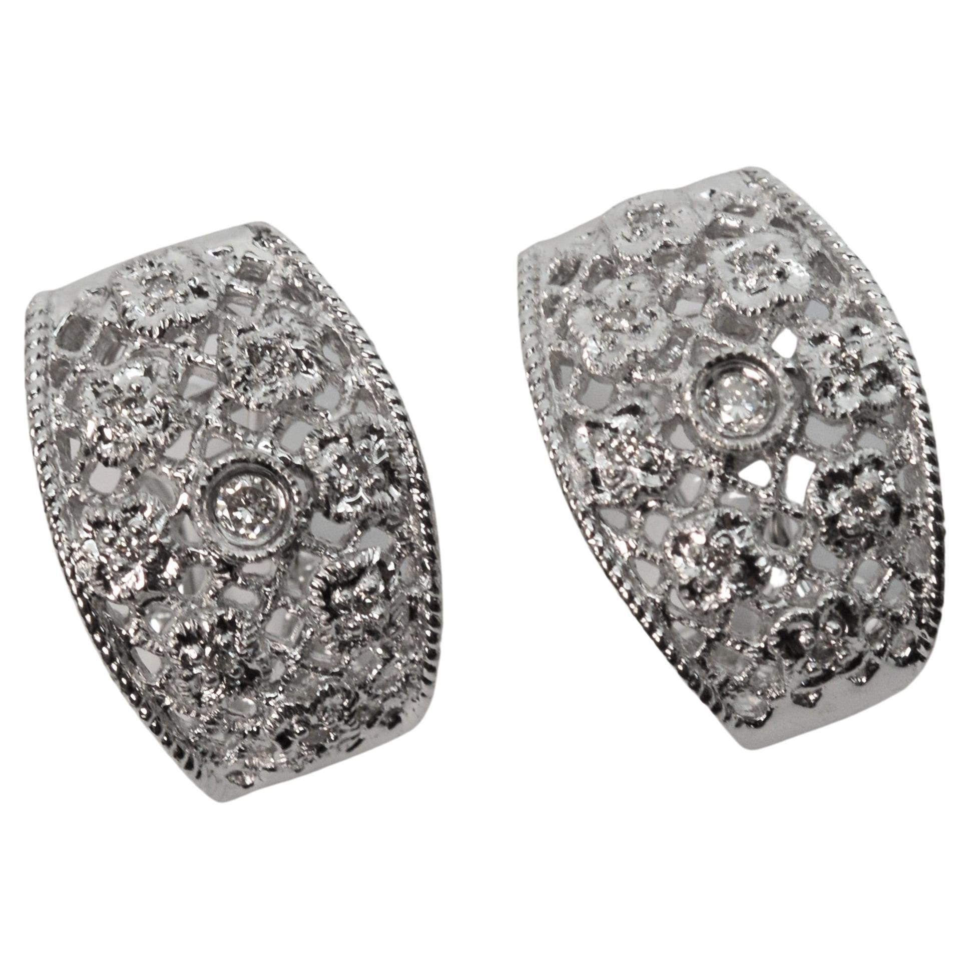 18 Karat White Gold Filigree Diamond Accented Oval Hoop Earrings For Sale