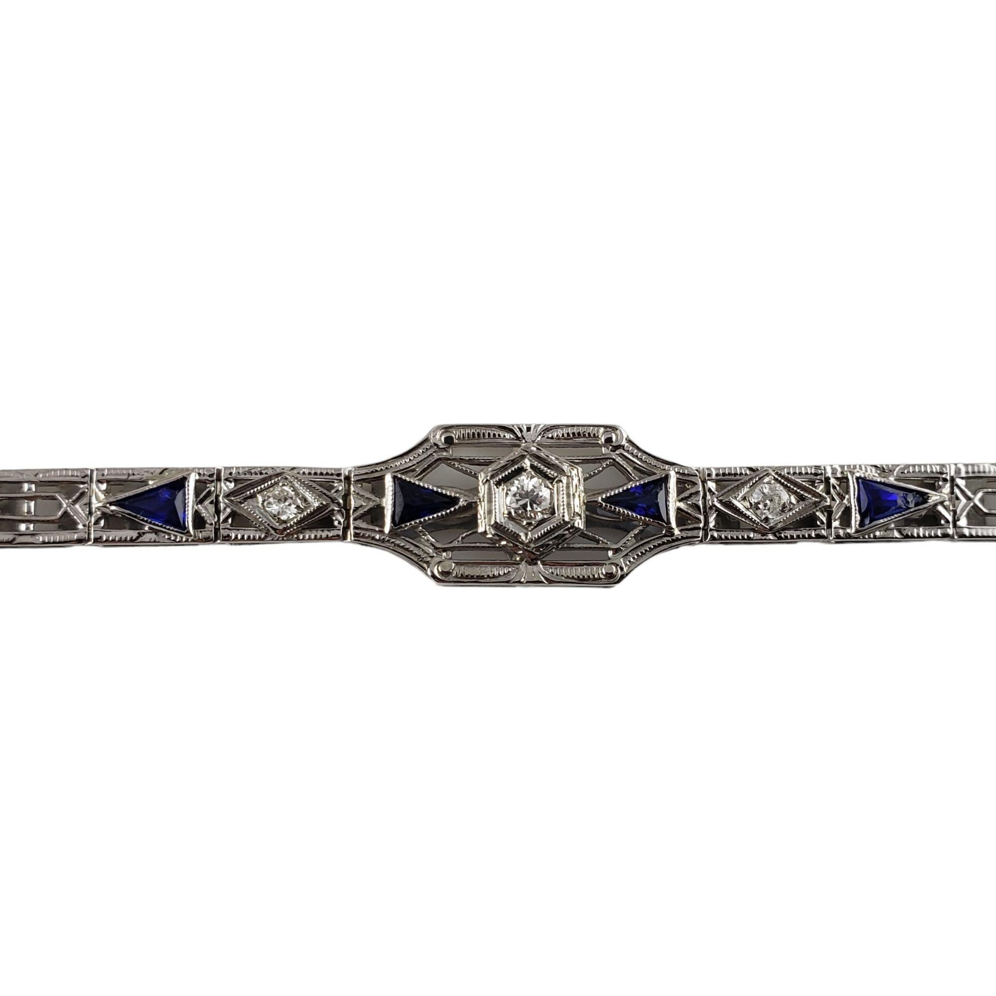 Old Mine Cut 18 Karat White Gold Filigree Diamond and Blue Glass Bracelet For Sale