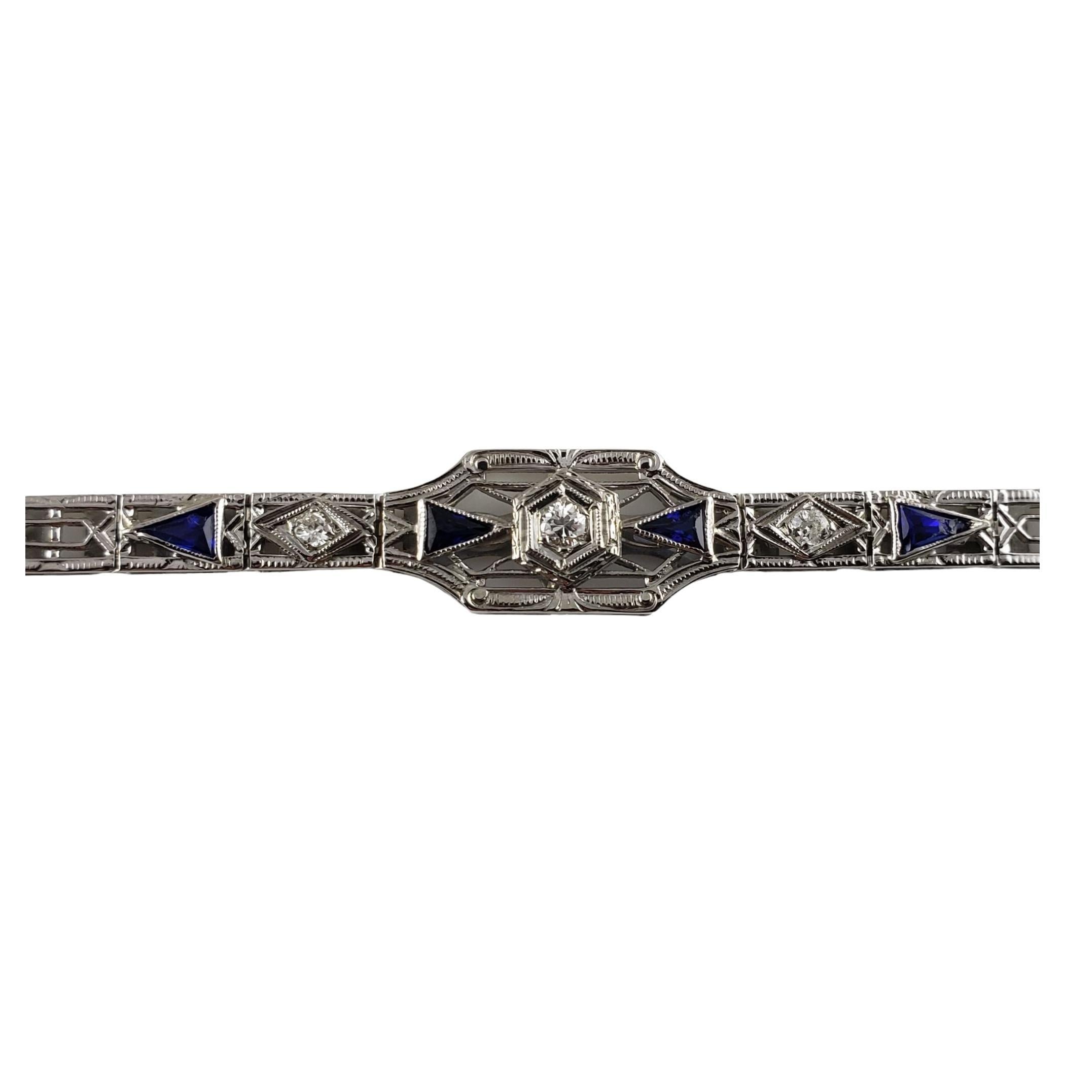 18 Karat White Gold Filigree Diamond and Blue Glass Bracelet For Sale