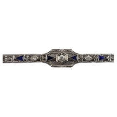 Vintage 18 Karat White Gold Filigree Diamond and Blue Glass Bracelet