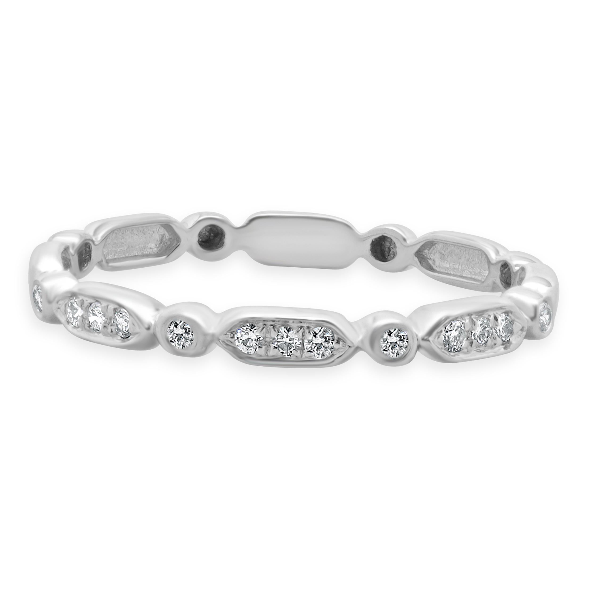 Designer: custom
Material: 18K white gold
Diamond: 13 round brilliant cut = 0.02cttw
Color: H
Clarity: SI1-2
Ring size: 5 (please allow two additional shipping days for sizing requests)
Weight: 1.14 grams