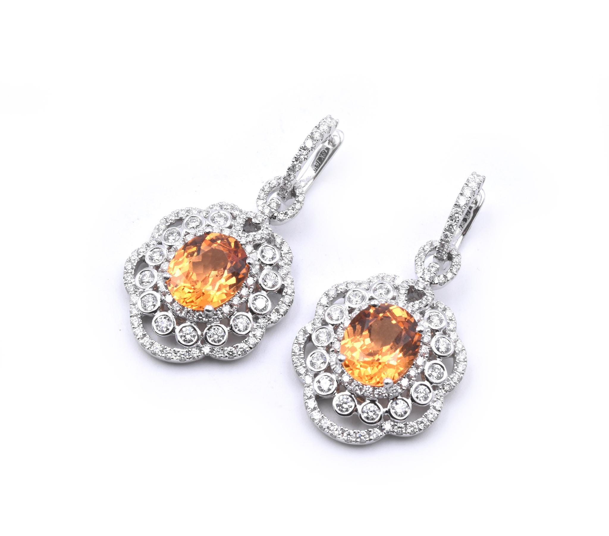 Round Cut 18 Karat White Gold Fire Opal and Diamond Drop Earrings