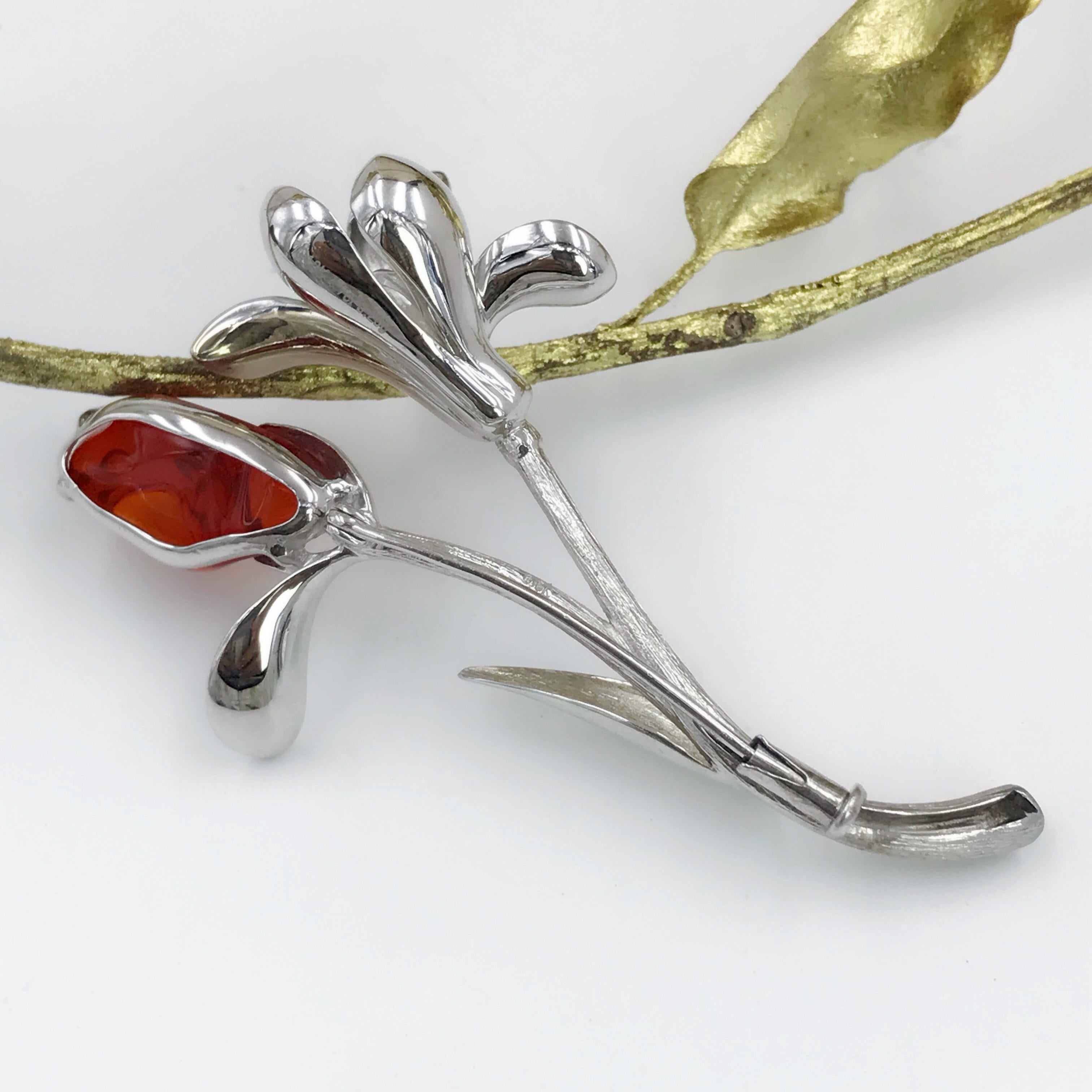 Modern 18 Karat White Gold Red Fire Opal Flower Brooch For Sale
