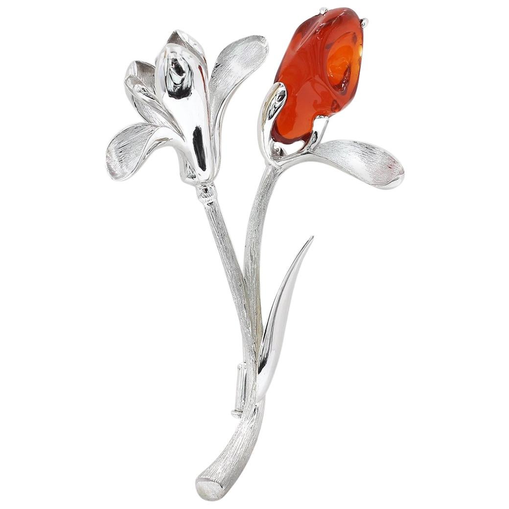 18 Karat White Gold Red Fire Opal Flower Brooch For Sale