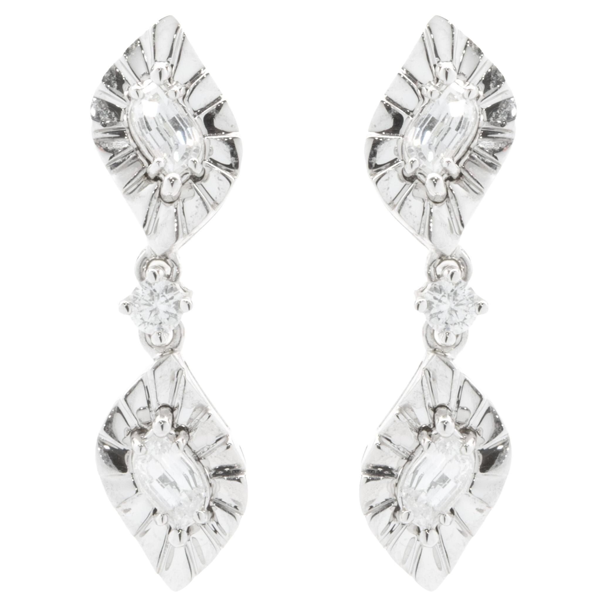 18 Karat White Gold Flame Cut Diamond Drop Earrings For Sale