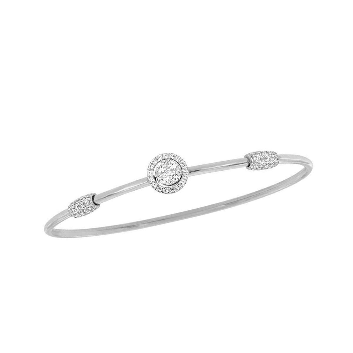 Round Cut 18 Karat White Gold Flex Round Halo Diamond Bangle '2/3 Carat' For Sale