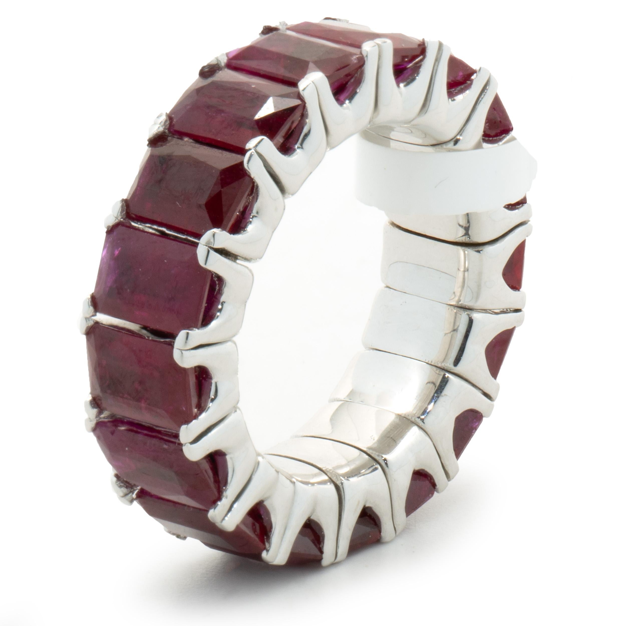 Designer: custom
Material: 18K white gold
Ruby: emerald cut = 12.22cttw
Dimension: ring top measures 6.75mm wide
Ring Size: 6-8 
Weight: 10.99 grams