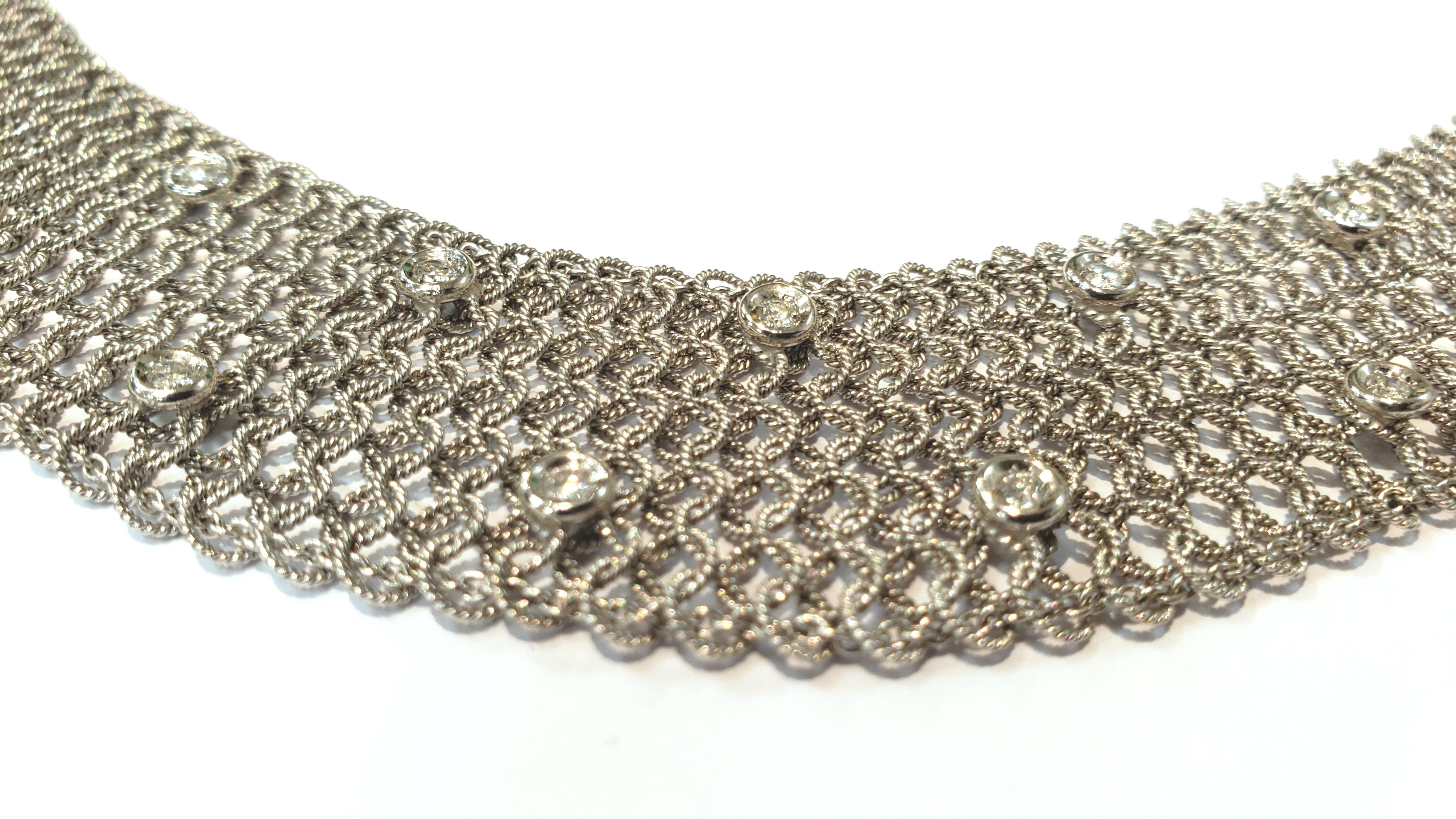 Round Cut 18 Karat White Gold Flexible Textured Choker Necklace with Bezel Set Diamonds For Sale
