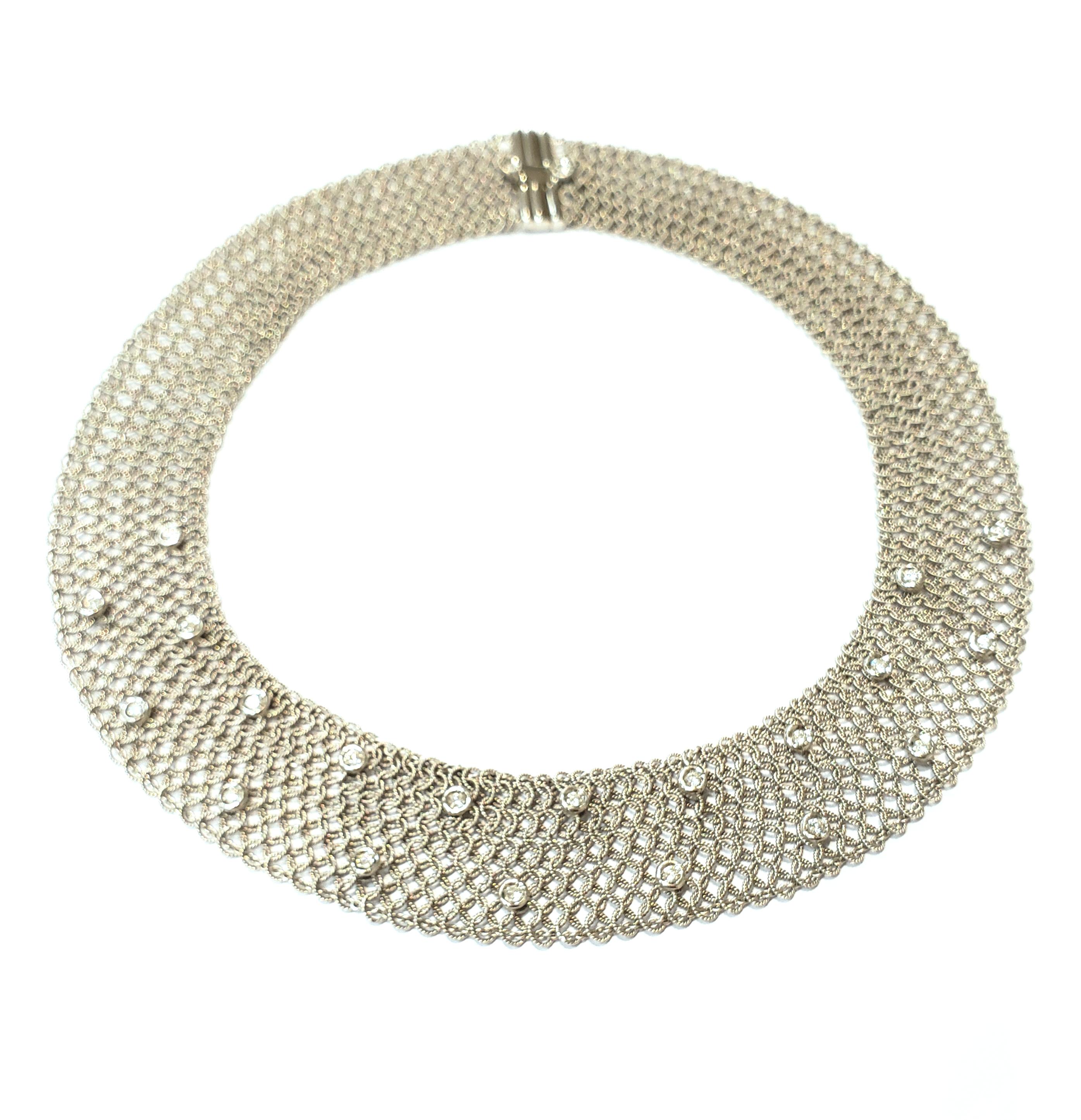 18 Karat White Gold Flexible Textured Choker Necklace with Bezel Set Diamonds For Sale