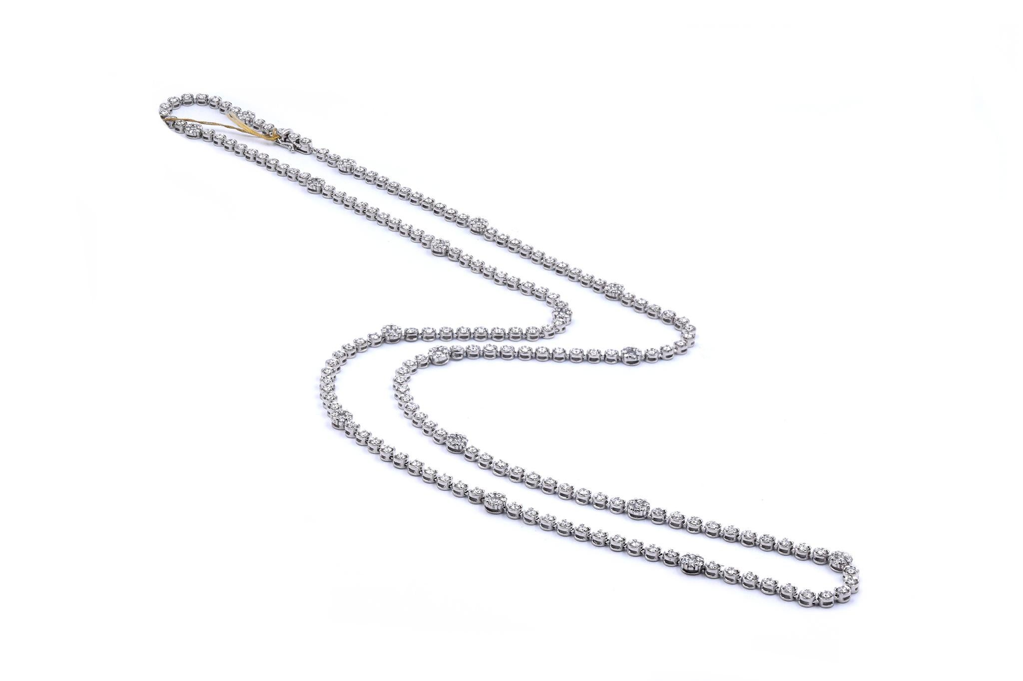 Designer: custom
Material: 18K white gold
Diamonds: 286 round cut = 13.75cttw
Color: G
Clarity: VS
Dimensions: necklace measures 36-inches in length
Weight: 52.38 grams
