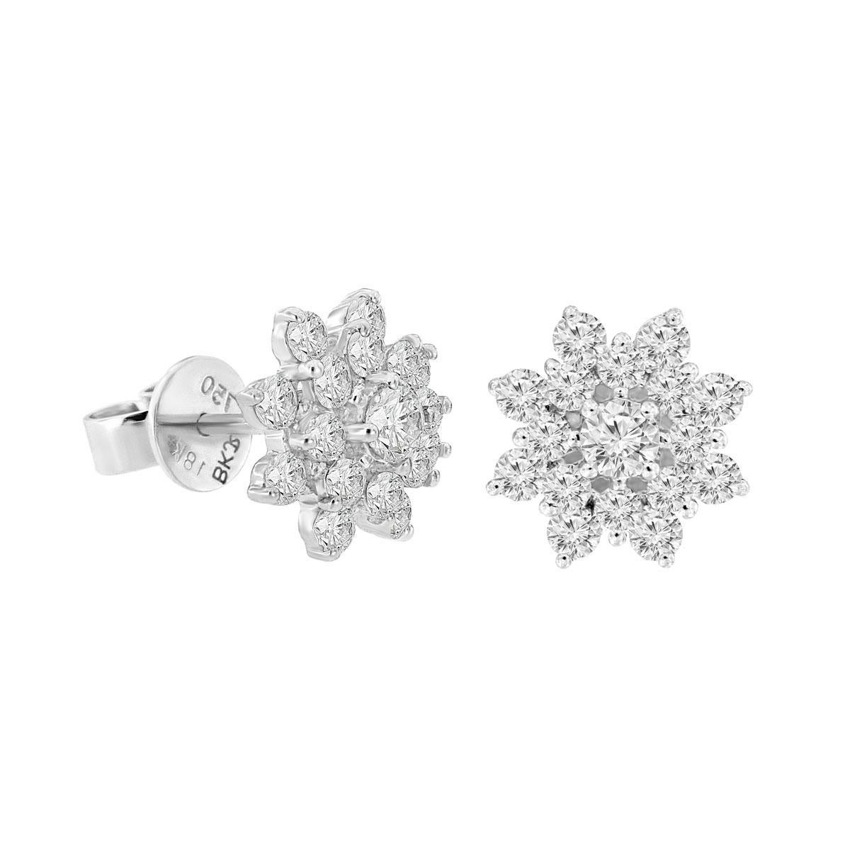 Round Cut 18 Karat White Gold Floral Diamond Earrings '1 Carat' For Sale