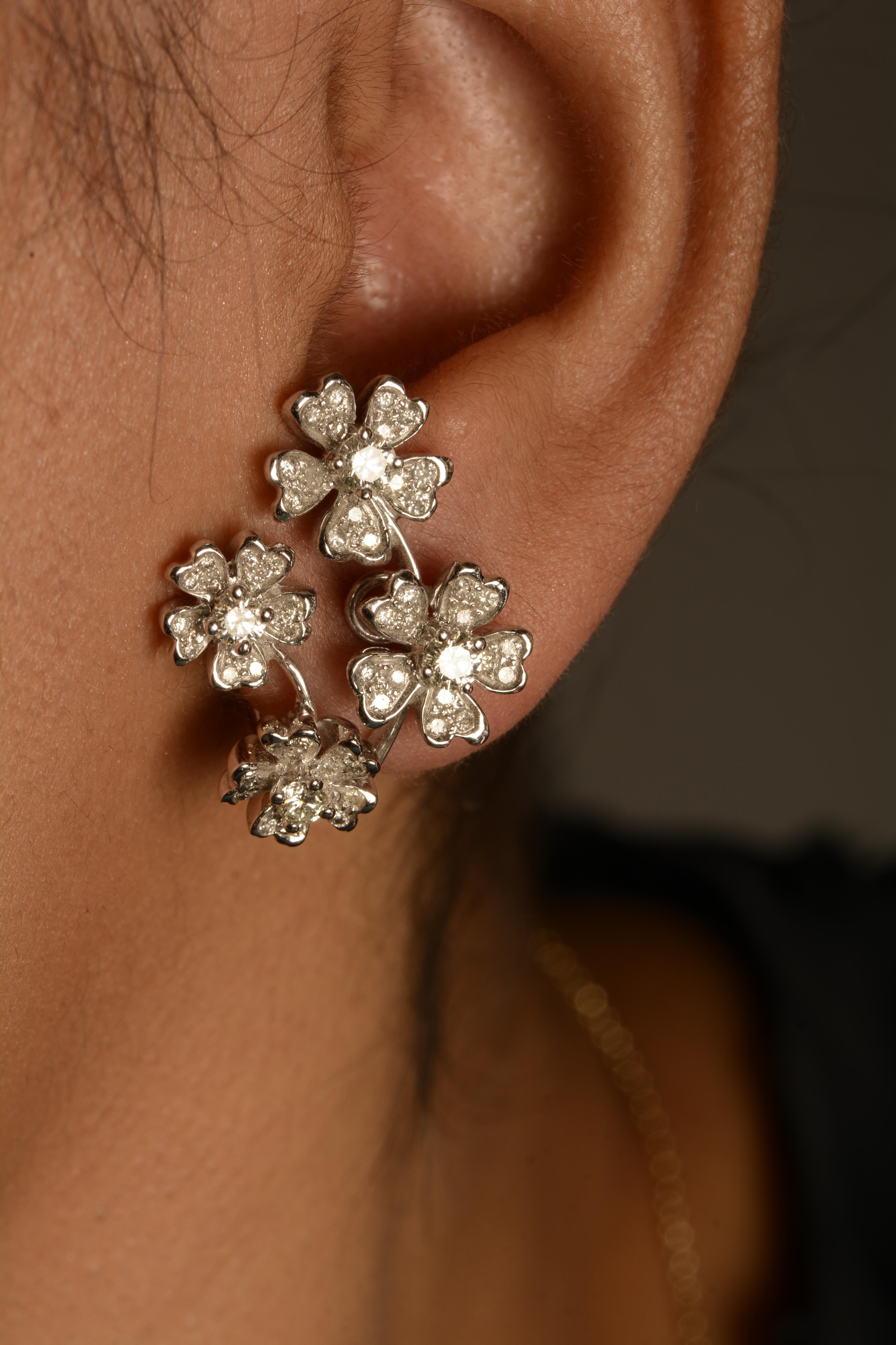 Contemporary 18 Karat White Gold Floral Diamond Earrings For Sale