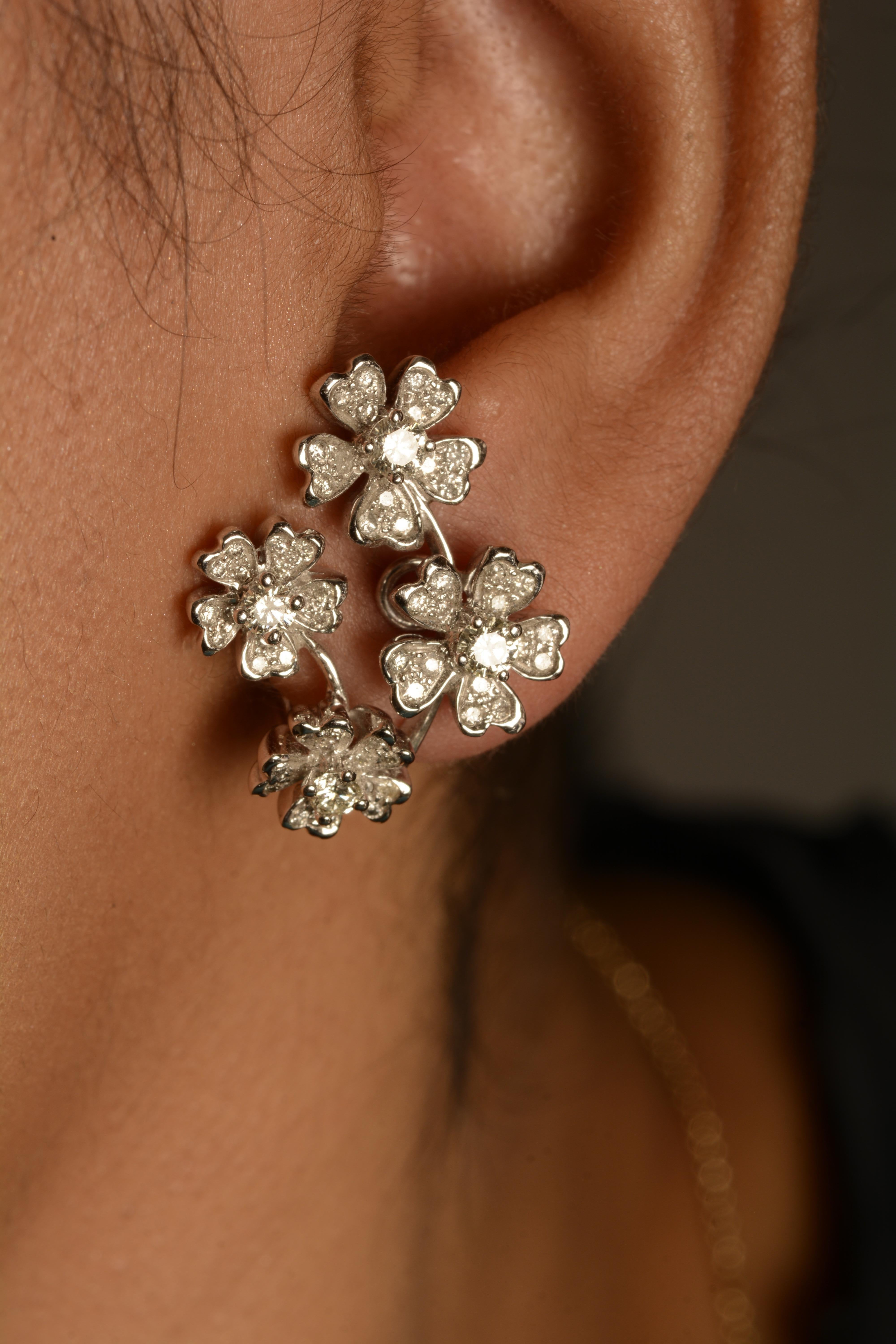 Women's 18 Karat White Gold Floral Diamond Earrings For Sale