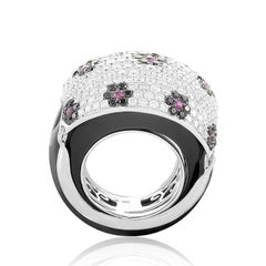 18 Karat White Gold Floral Diamond Pave, Ruby and Onyx Dome Ring