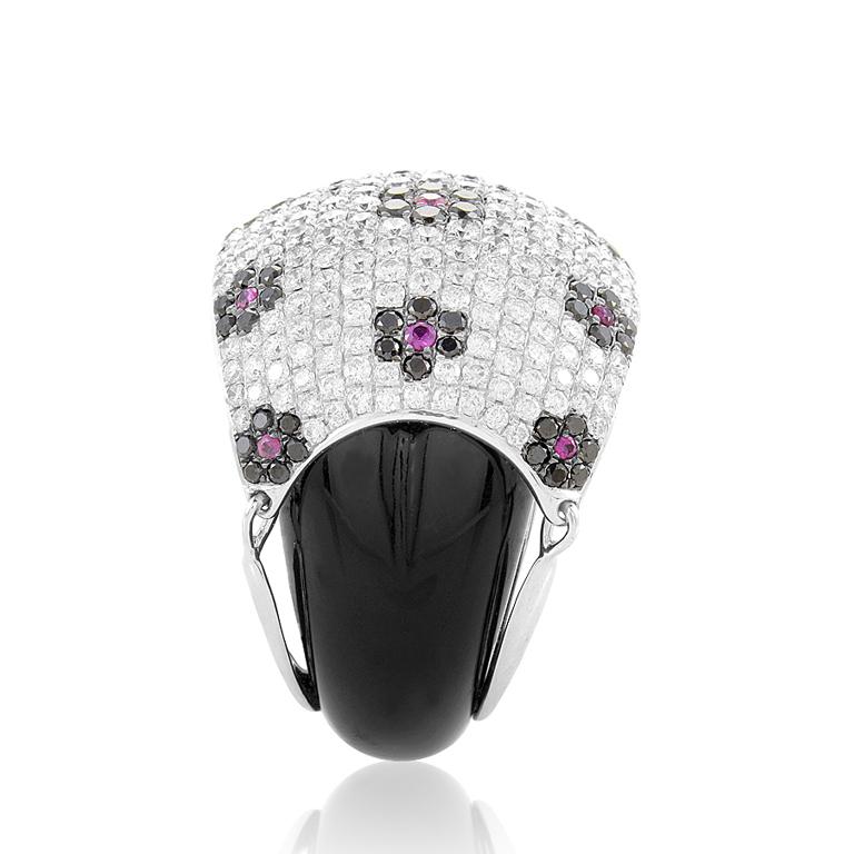 Round Cut 18 Karat White Gold Floral Diamond Pave, Ruby and Onyx Dome Ring For Sale