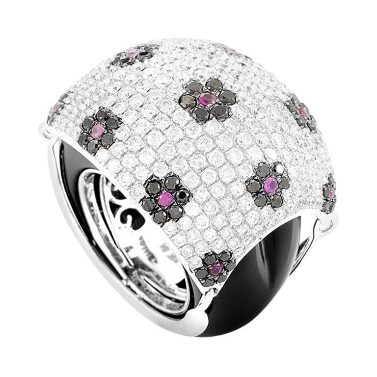 18 Karat White Gold Floral Diamond Pave, Ruby and Onyx Dome Ring For Sale