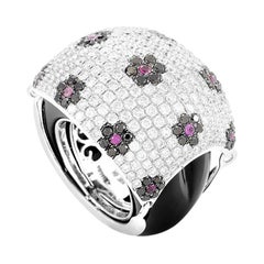 18 Karat White Gold Floral Diamond Pave, Ruby and Onyx Dome Ring